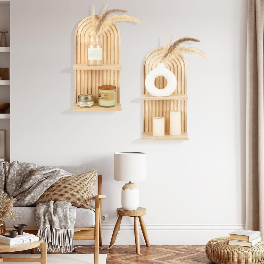 2 Pcs Boho Wall Shelf 2 Tier Arch Wooden Floating Shelves Mid Century Rainbow Wall Shelf Hanging Holder Double