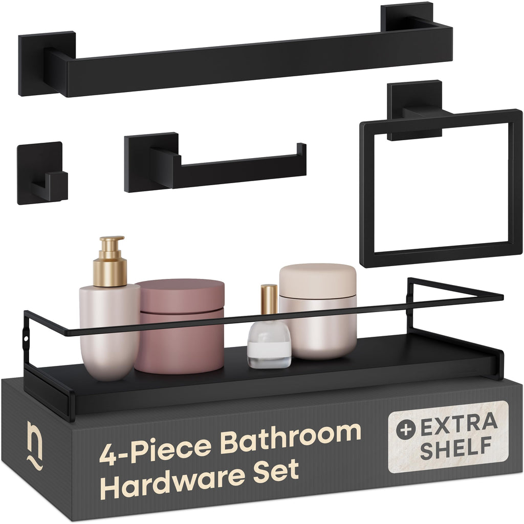 Black Bathroom Hardware Set, 4-Piece + 15.7" Shelf & Adhesive Robe Hook