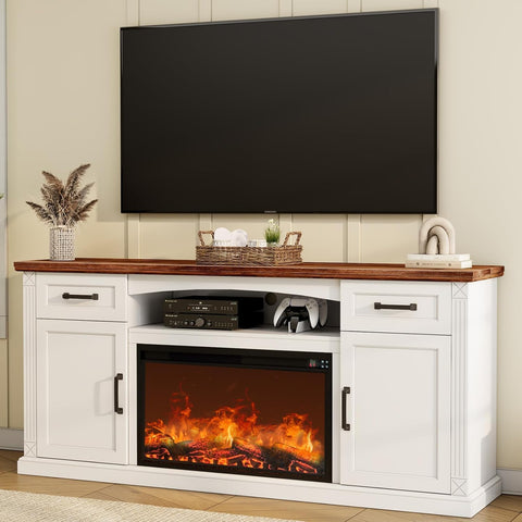 70 Inch Fireplace TV Stand for TVs up to 80 Inches, Farmhouse Entertainment Center with Electric Fireplace, Storage Drawers, White