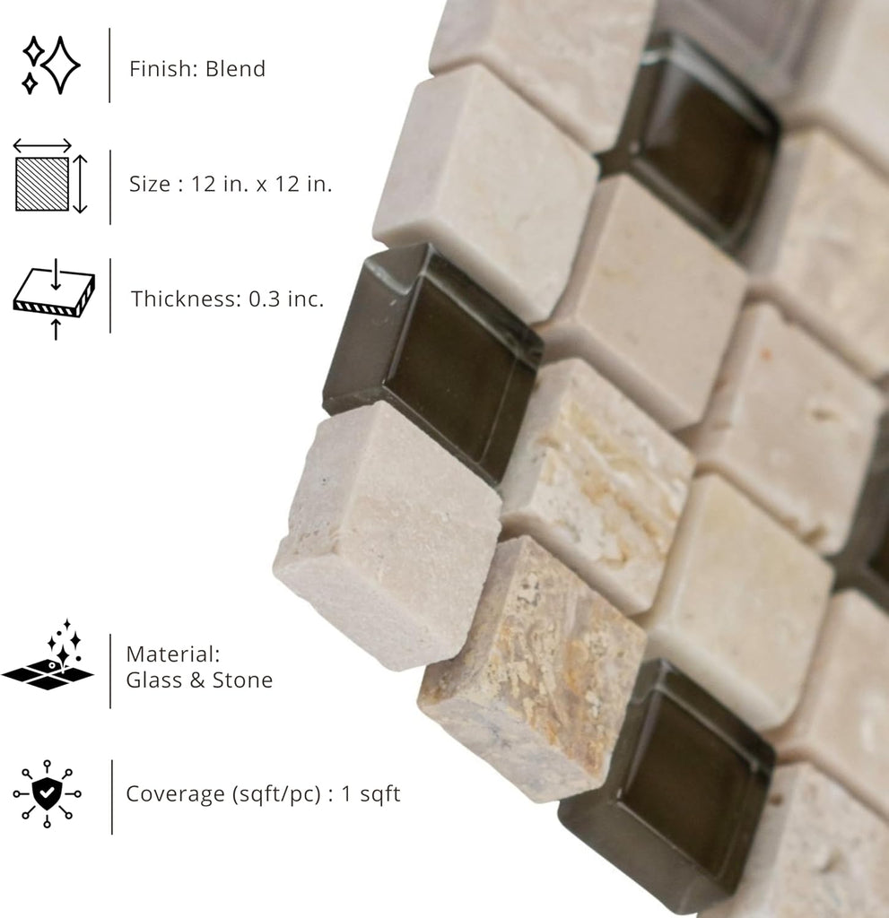 HTC331 Moca Brown Glass Natural Stone Mosaic Tile Box of 10 Sheets Backsplash, Bathroom Walls, Floors, Fireplace