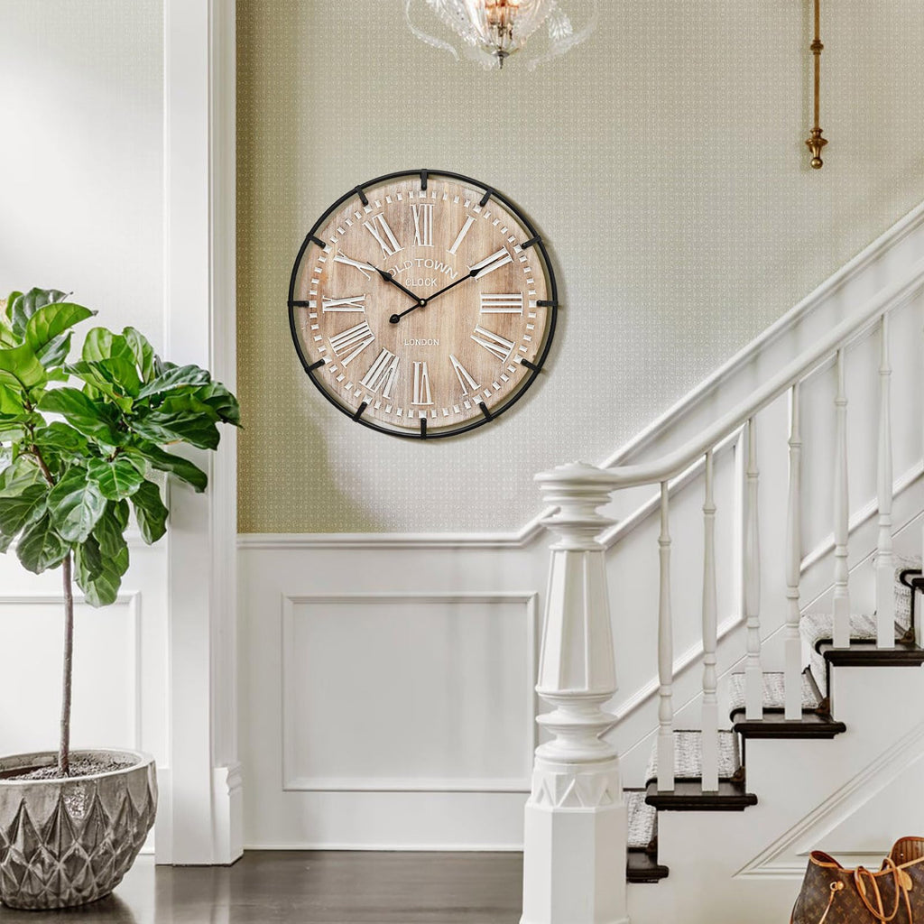 24 Inch Large Farmhouse Wall Clock, Rustic Wooden Wall Clock Decorative with Metal Circle and Engraved Numerals