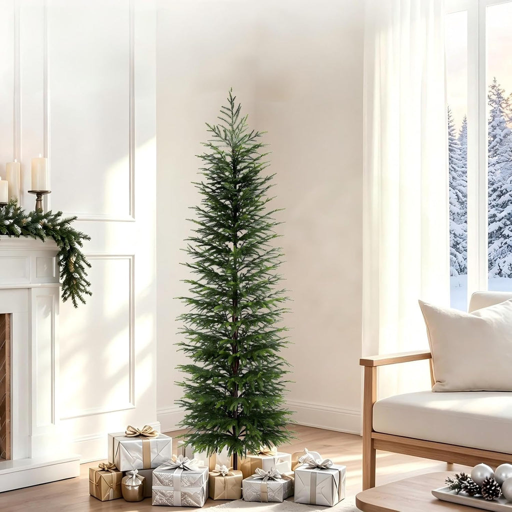 7FT Unlit Artificial Norfolk Pine Tree, Real-Touch PE Material, Family & Pet Friendly, Faux Slim Christmas Tree