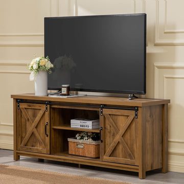 Modern Farmhouse TV Stand with Sliding Barn Doors, Media Entertainment Center Console Table for TVs up to 65", 2-Tier