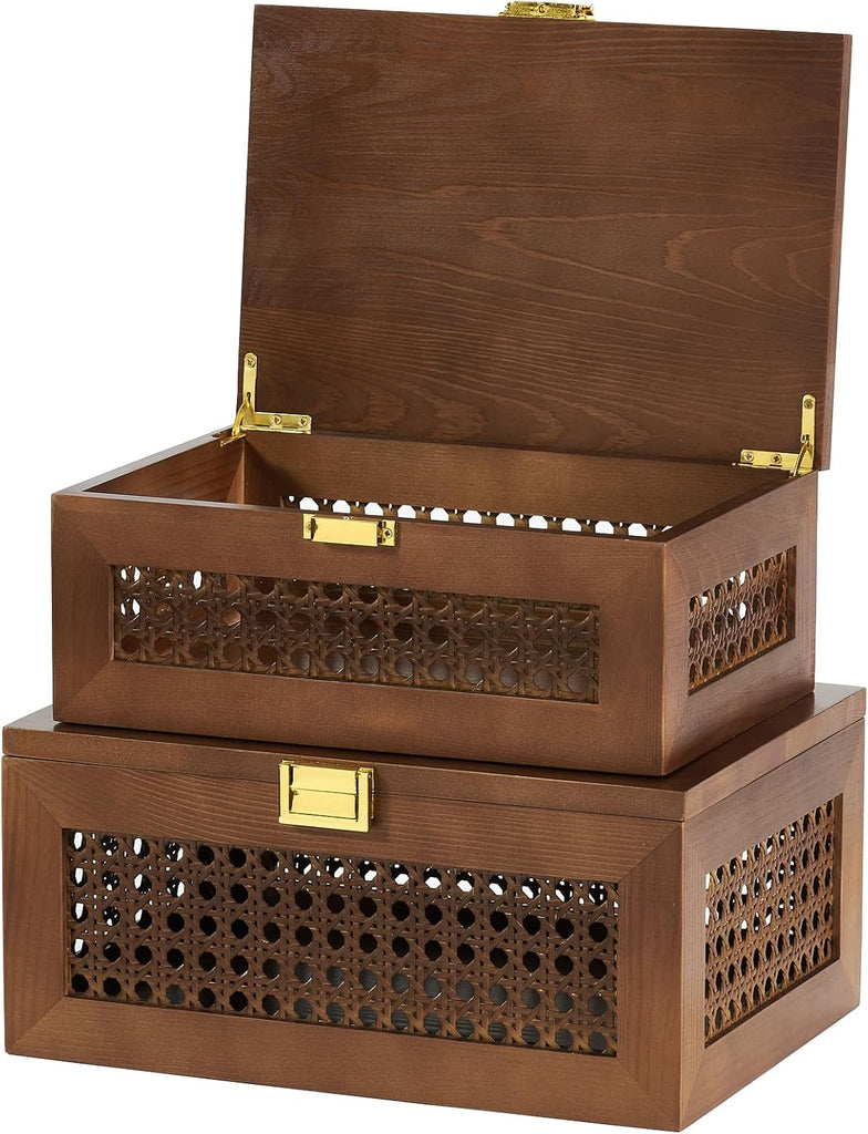 Decorative Rattan Storage Boxes Baskets with Lid Wooden Frame