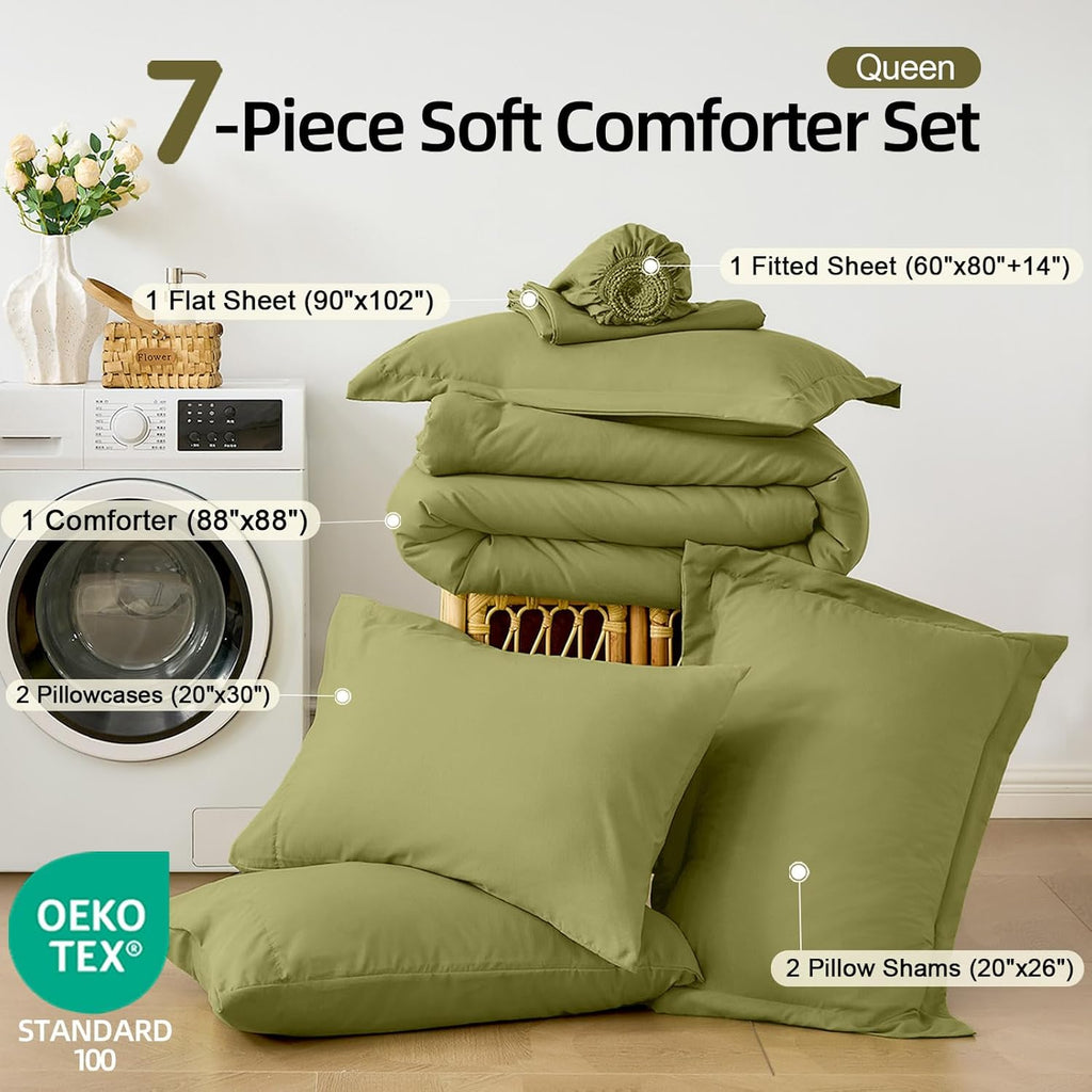 Queen Comforter Set Olive Green, 7 Pieces Soft Bedding Sets Queen, All Season Lightweight Bed in a Bag with Comforter