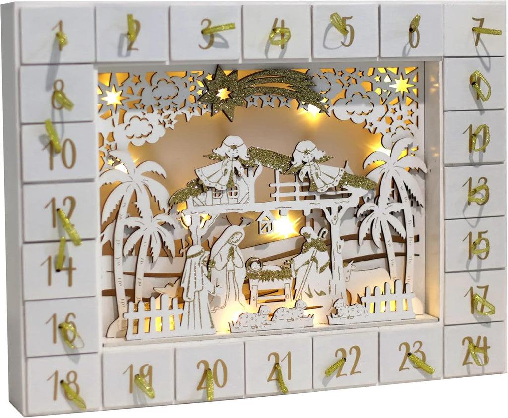Christmas Wooden Advent Calendar with 24 Drawers to Fill Small Gifts with LED Lights Countdown to Christmas Tabletop