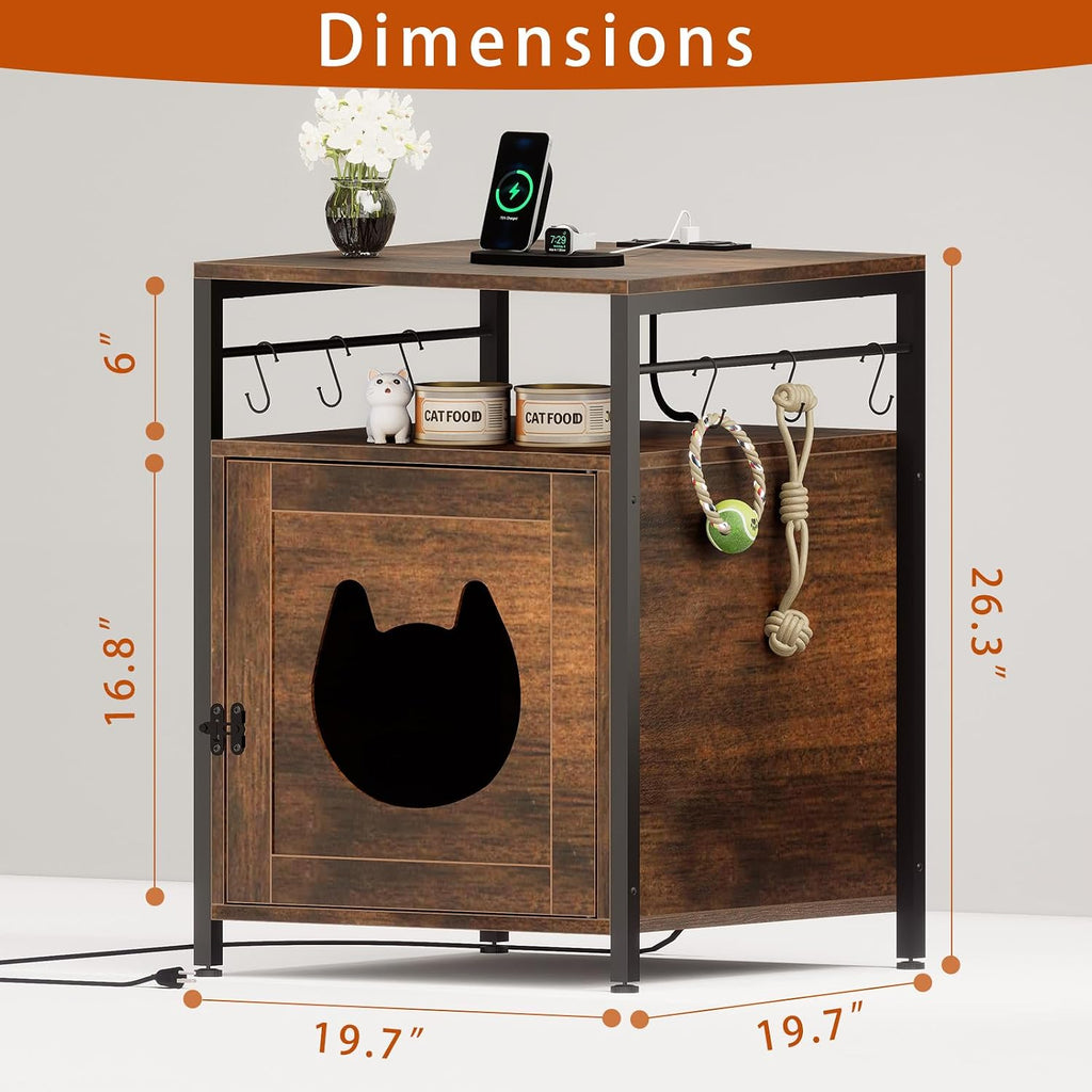 Cat Litter Box Furniture Enclosure, Nightstand with Power Outlet