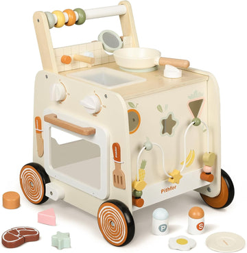 Wooden Baby Walker, in-1 Baby Push Walker, with Pretend Kitchen, Montessori Sensory Activity Center, Push Walker
