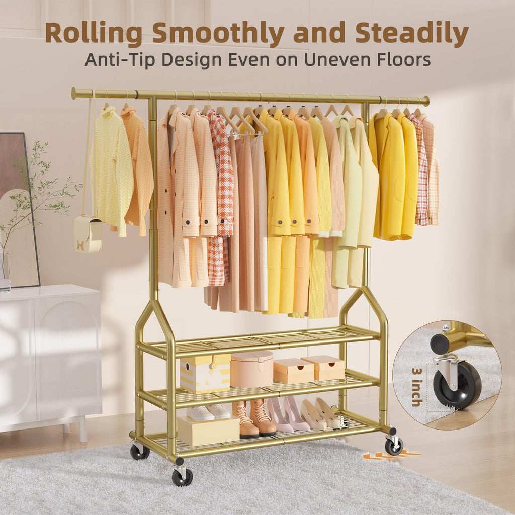 Heavy Duty Clothes Rack Load 688 LBS, Rolling Clothing Rack With 3 Shelves, Adjustable Metal Clothes Hanger with