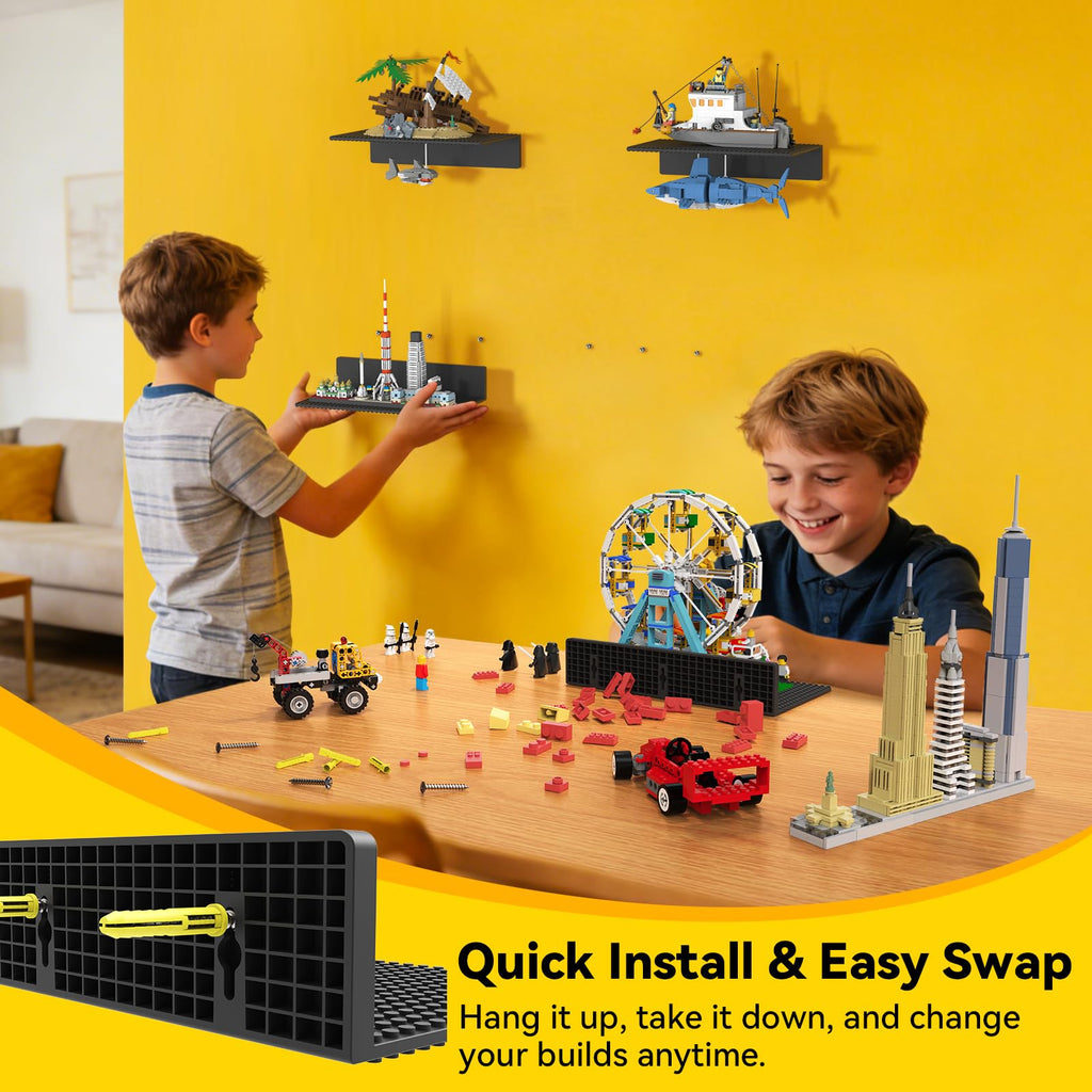 4-Pack Floating Shelves for Wall Compatible with Lego Bricks, Black