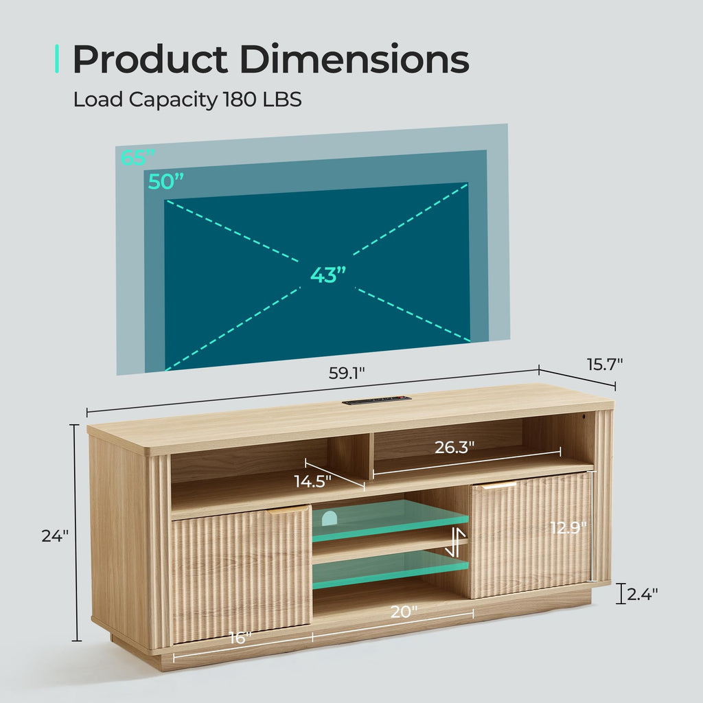 Mid Century Modern Fluted TV Stand for 65" TV, Natural Oak | Large Sturdy TV Console Table with with Storage Cabinet