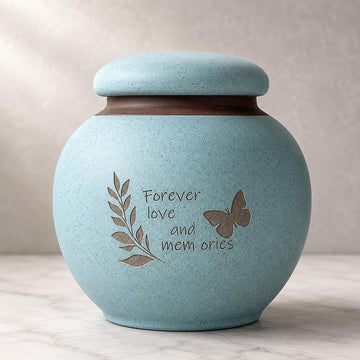 Small Pet Urn for Ashes, Dog and Cat Cremation Urn, Cyan Ceramic Memorial Keepsake Urn with Butterfly and Leaf