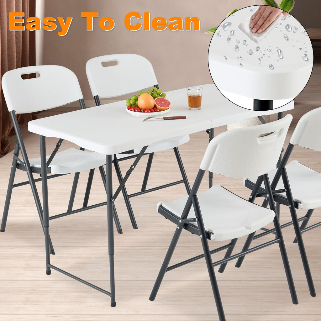 4ft Folding Table, Portable Fold-in-Half Adjustable Height Utility Table for Indoor/Outdoor Use, Durable HDPE &