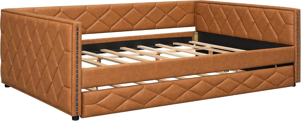 Full XL Size Upholstered Daybed with Pop Up Trundle, Multi-Functional PU Leather Sofa Bed with Backrest and Two