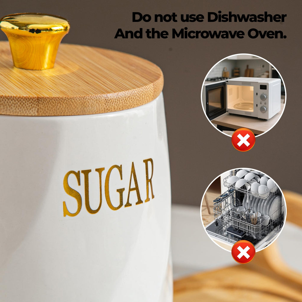 Ceramic Canister Set of 3 for Sugar Coffee Tea with Tray, White Airtight Food Storage Jars with Wood Lids, Kitchen