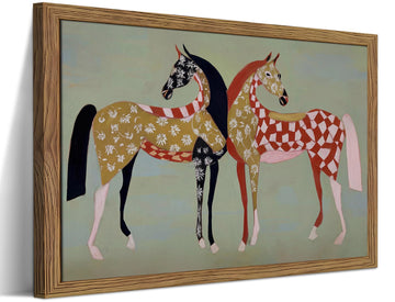 Framed Vintage Horse Canvas Wall Art, Abstract Two Patterned Horses Print, Geometric Equestrian Animal Artwork