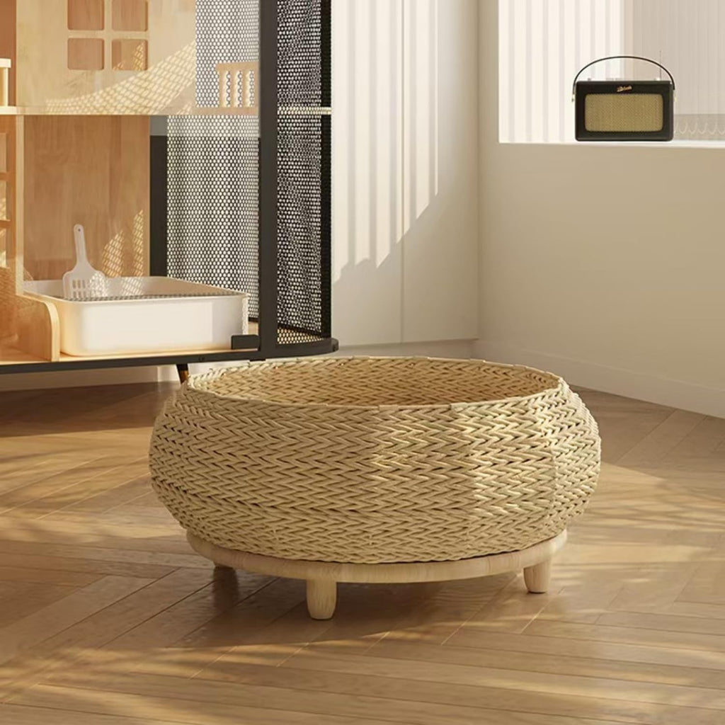 Extra Large Handwoven Paper Rope Wicker Rattan Pet Cat Dog Nest Basket Bed, Elevated Couch with Wooden Base, Cozy