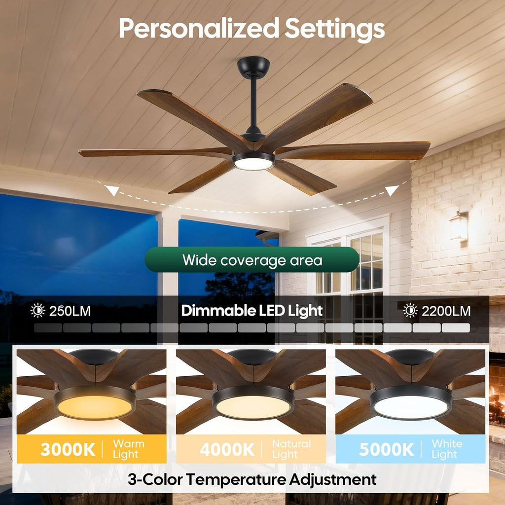 60 Inch Ceiling Fan with Light and Remote, Rustic Farmhouse Style, 6 Brown Solid Wood Blades