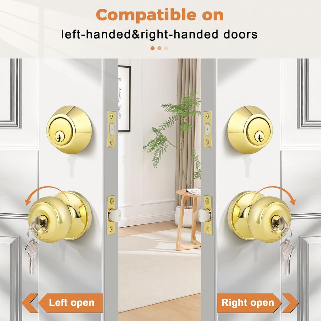 Keyed Alike Round Ball Entry Door Knob and Single Cylinder Deadbolt Set, Polished Brass, 1Pack
