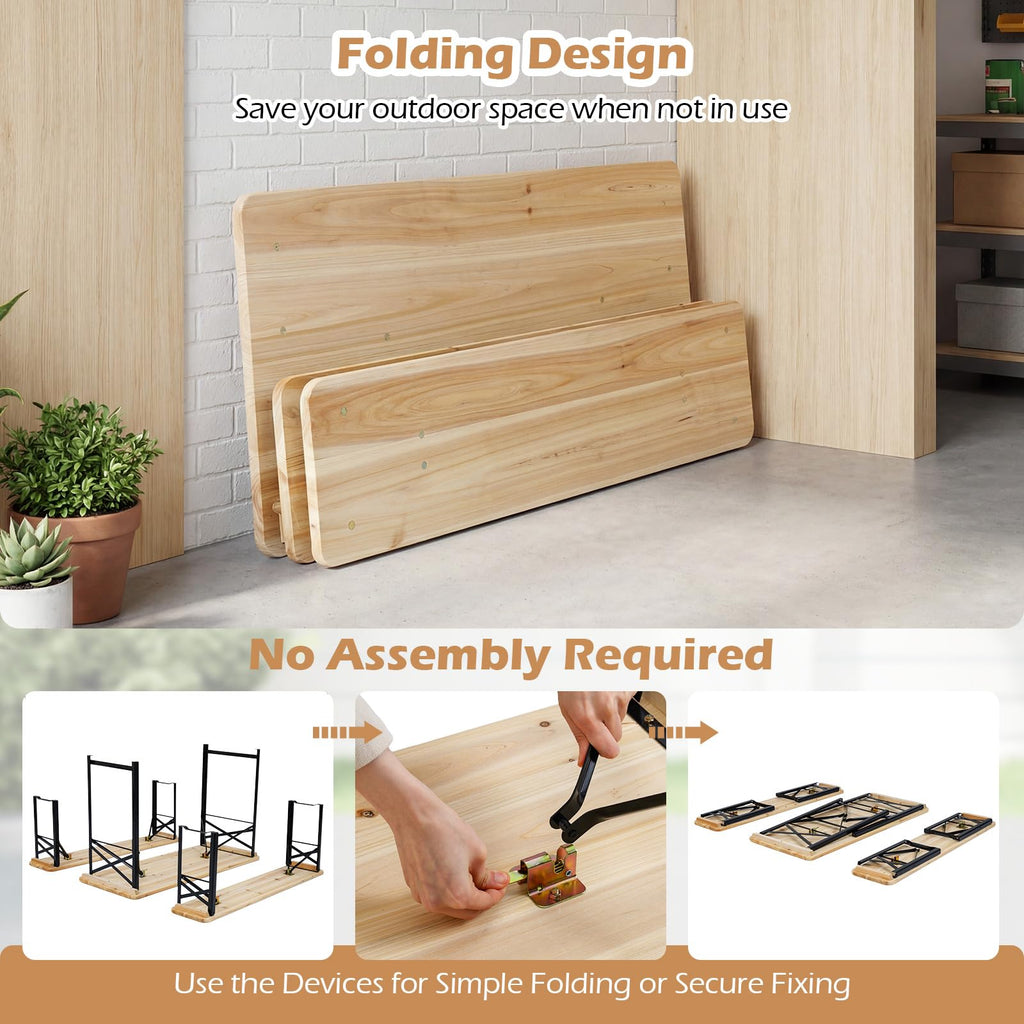 3 Piece Folding Picnic Table with 2 Benches, Foldable Wood Picnic Table Bench Set with Heavy-Duty Metal Frame for 4