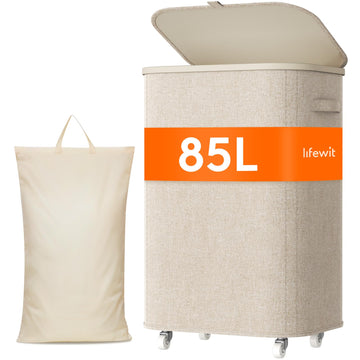 85L Large Laundry Basket with Wheels and Lid, Beige