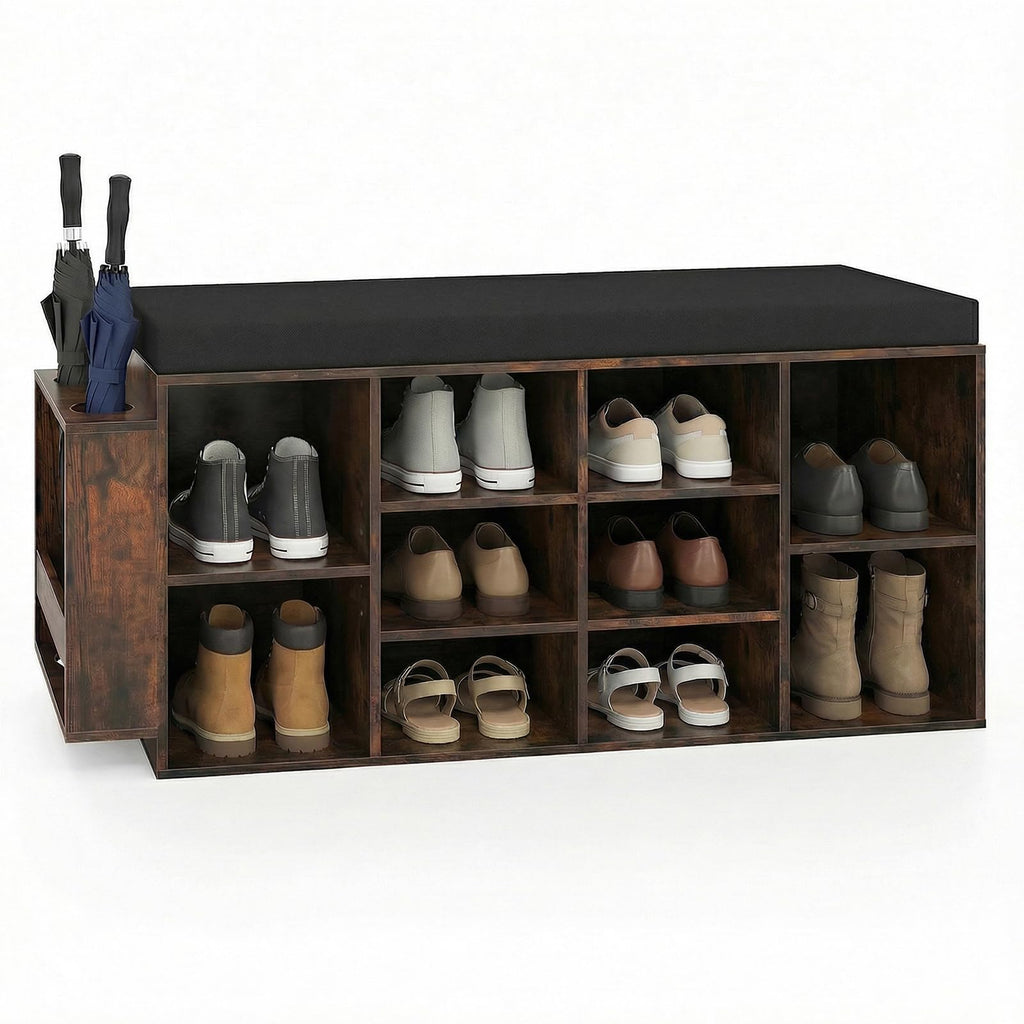 Shoe Storage Bench with Umbrella Holder, 40" Shoe Organizer with Cushioned Seat, 10 Cubbies & Adjustable Shelves