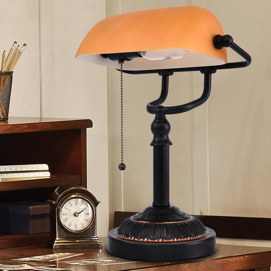 Bankers Desk Lamp with USB-A Port, Rustic Desk Lamp Pull Chain with Yellow Glass Shade, Vintage Banker's Desk Lamp