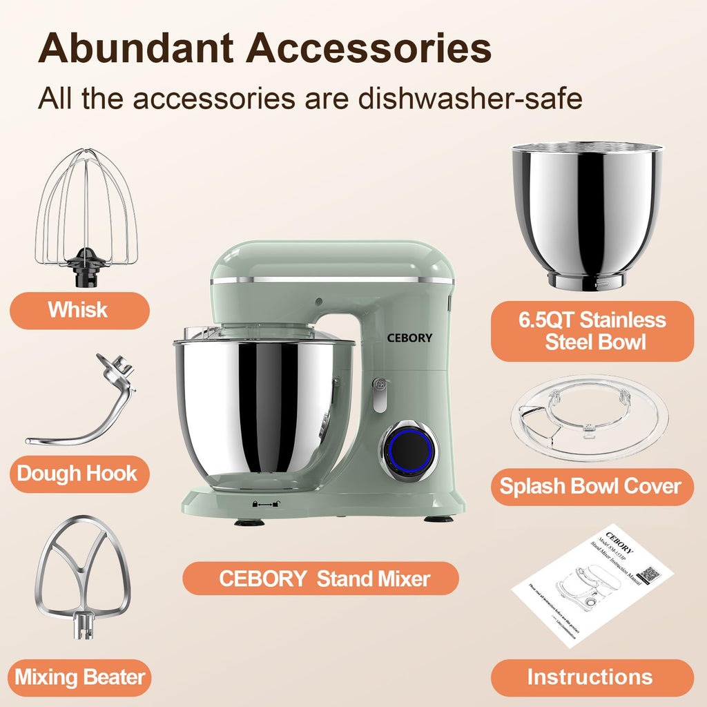 3-IN-1 Electric Stand Mixer, 6.5QT Bowl 660W 10-Speed Kitchen Mixer, Household Food Mixers include Dough Hook, Beater