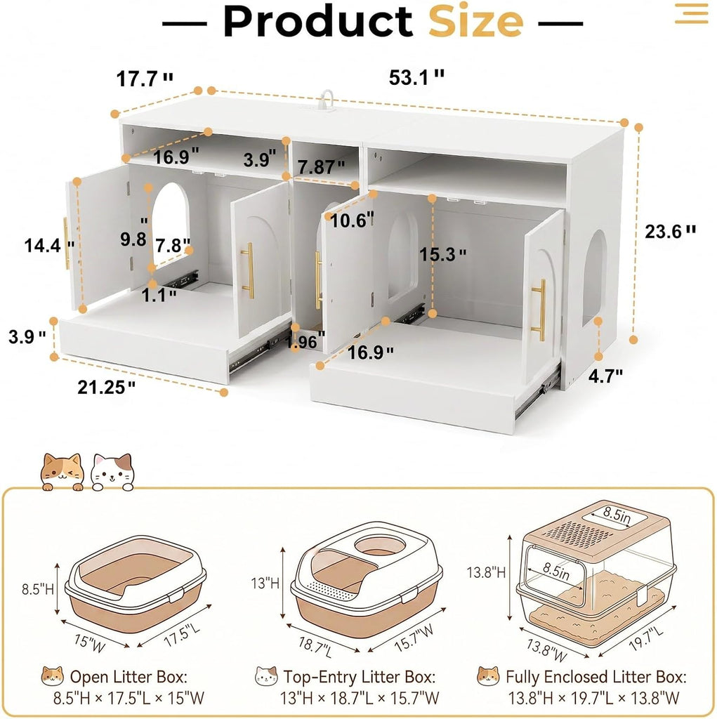 Double Cat Litter Box Enclosure for 2 Cats, 53" Wooden Hidden Cat Litter Box Furniture with Power Outlet, Sliding