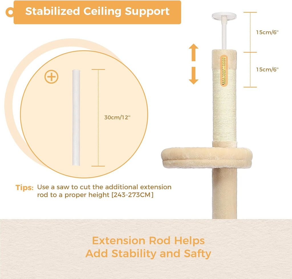 5-Tier Floor to Ceiling Cat Tree, 95-107In Tall Cat Tower Beige