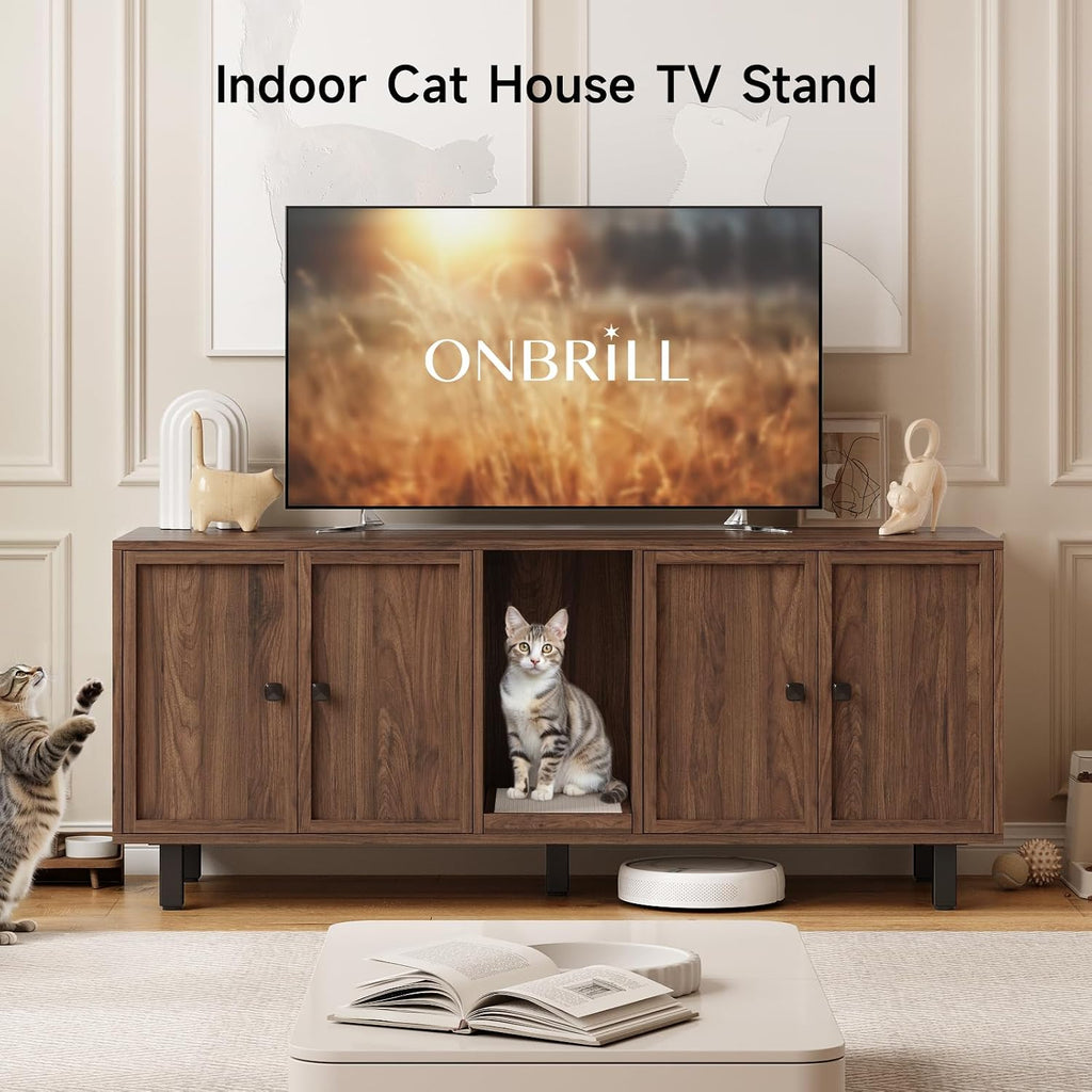 59 Inches Cat Litter Box Enclosure for 2 Cats, Walnut