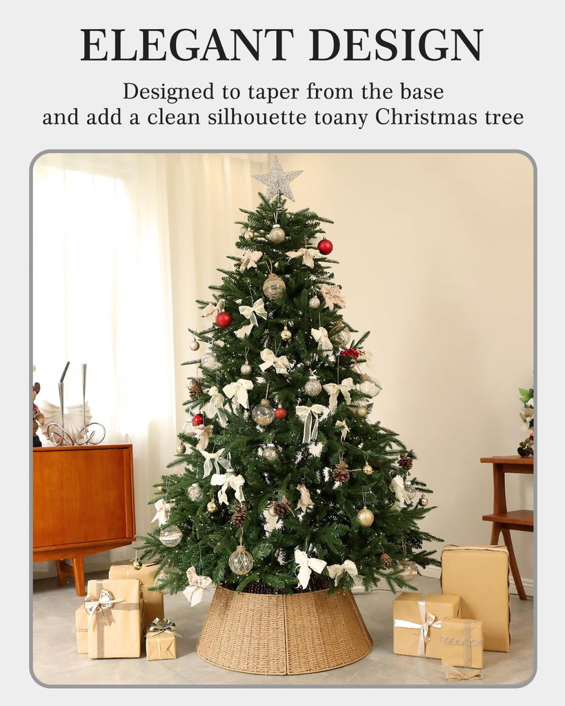 Rustic Farmhouse Christmas Tree Collar - Holiday Decorations - Natural Woven Wicker Tree Base Cover, Basket Ring for