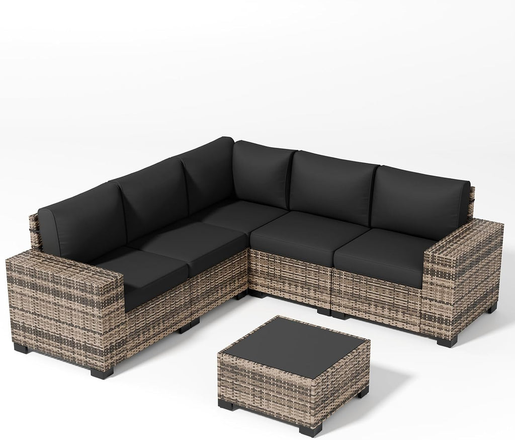 Patio Furniture Set, 6 Piece Outdoor Sectional Sofa with Thick Cushions | Wicker Rattan Wide Armrest Patio Sectional