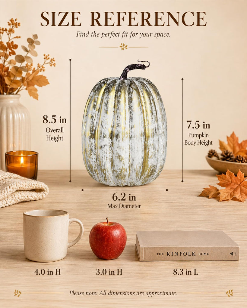 2 Pack 8 Inch Distressed Gold Artificial Pumpkins for Fall Decor