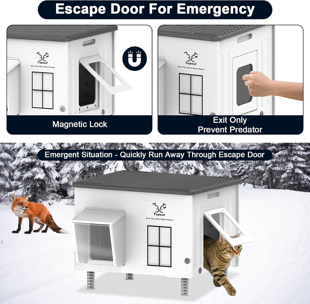 Indestructible Heated Cat House for Outside, Large Heated Outdoor Cat House 100% Weatherproof with Escape Door