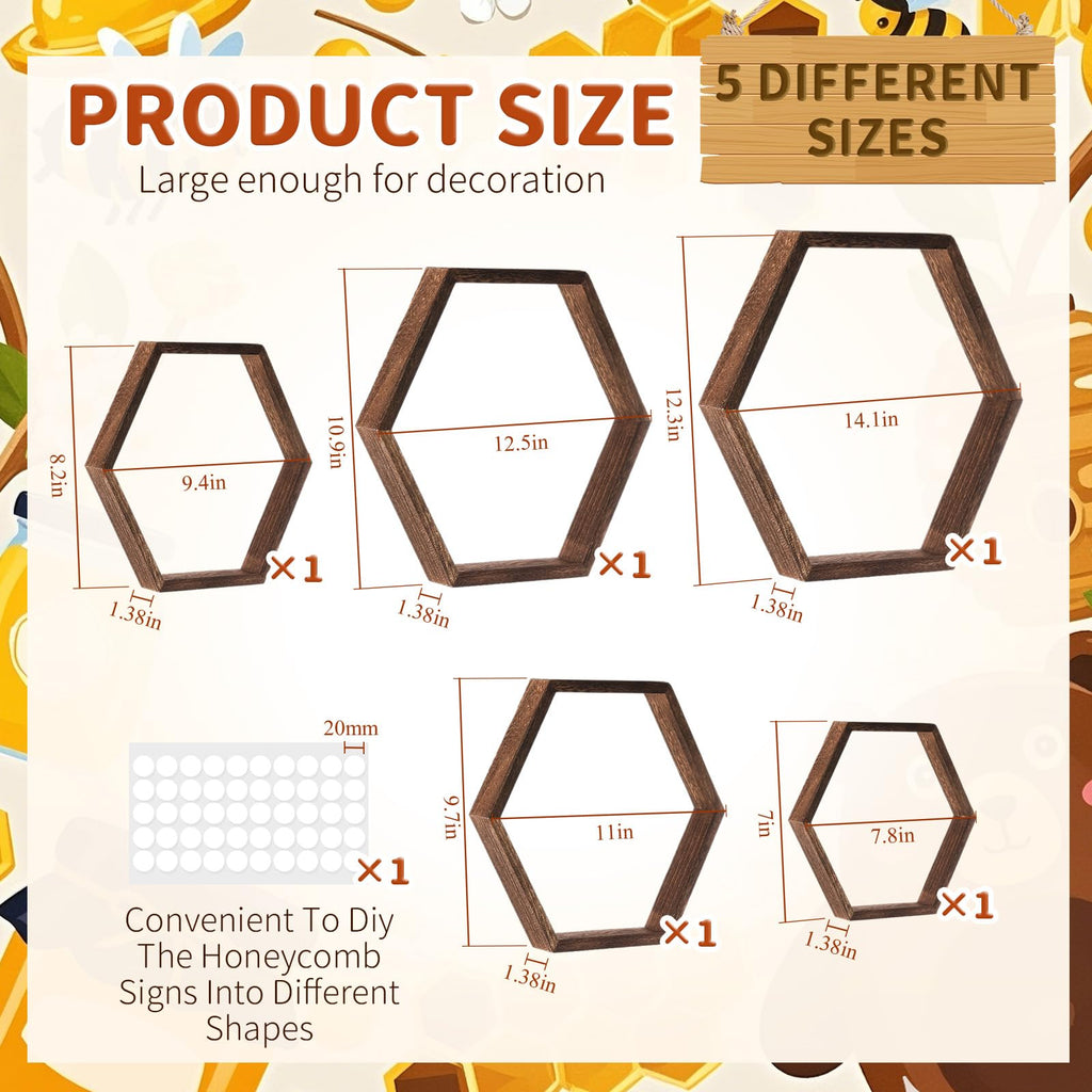 Honey Comb Decorations 5 Size Wood Hexagon Shelves, Dark Brown, 5 Pcs