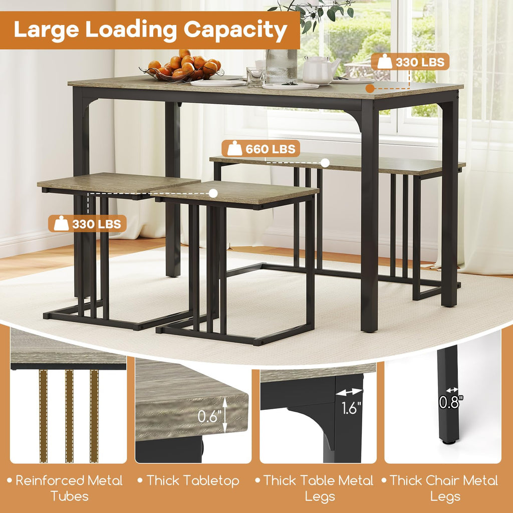4-Piece Dining Table Set for 4, Rectangular Wood Dining Table with Bench & 2 Stools, Industrial Kitchen Table Set