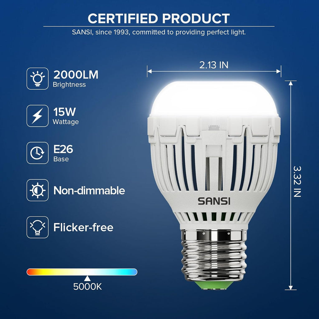 130W Equivalent A15 LED Light Bulb, 2000 Lumens 5000K Daylight White Bulb, Energy Saving 25,000 Hours Lifespan Non