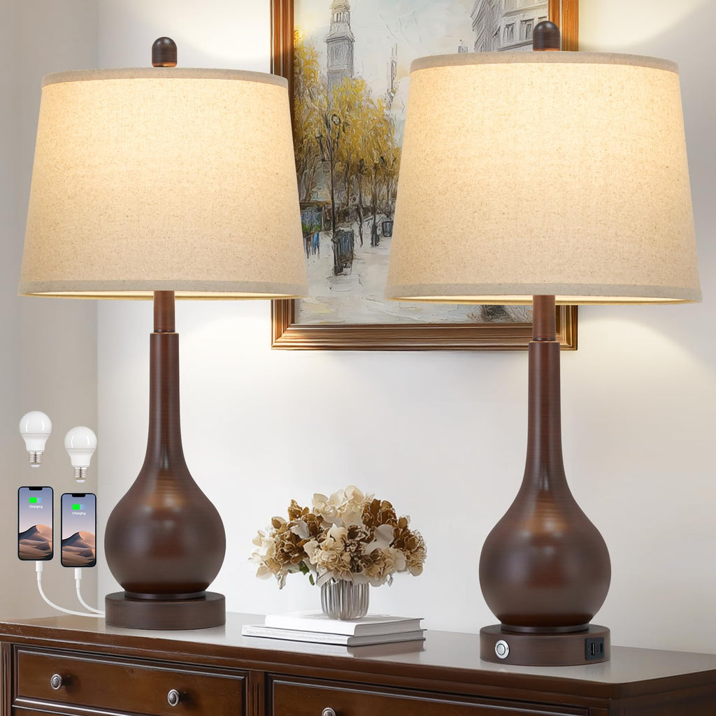 26" Brown Table Lamps Set of 2, Touch Control Bedside Lamps Nightstand, 3-Way Dimmable Farmhouse Lamp with Charging
