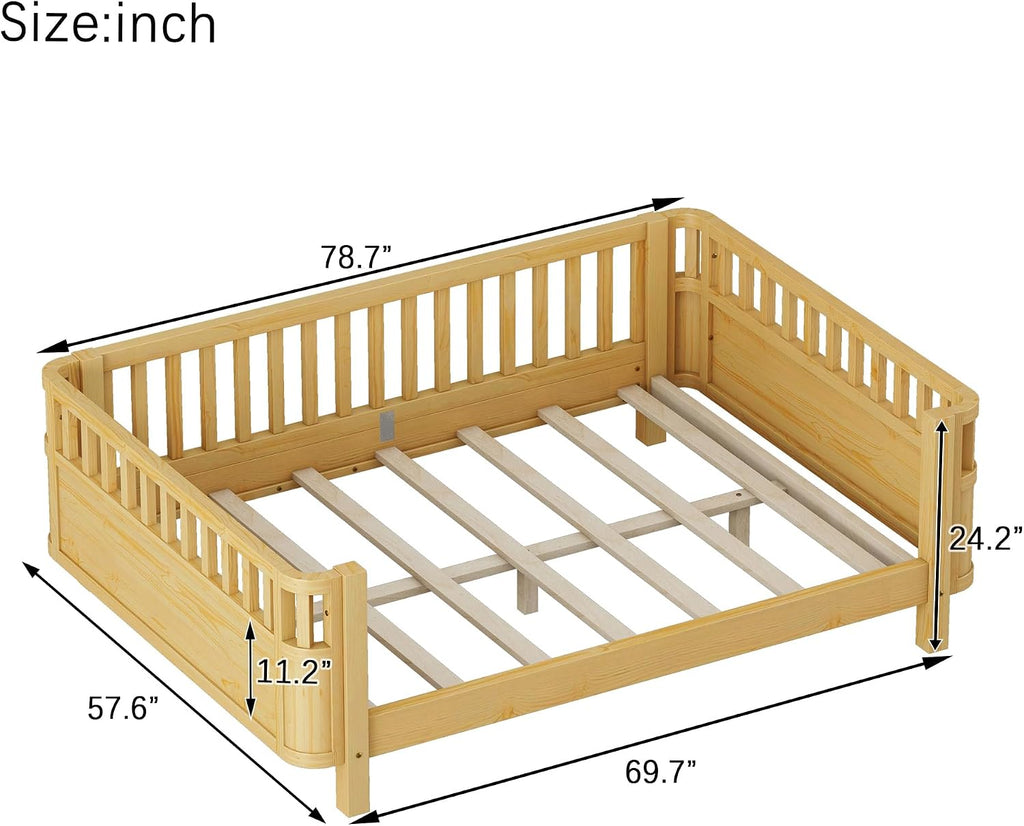 Platform Bed with Fence, Low Bed Frame with Detachable Side Bed Rails, Wooden Montessori Beds for