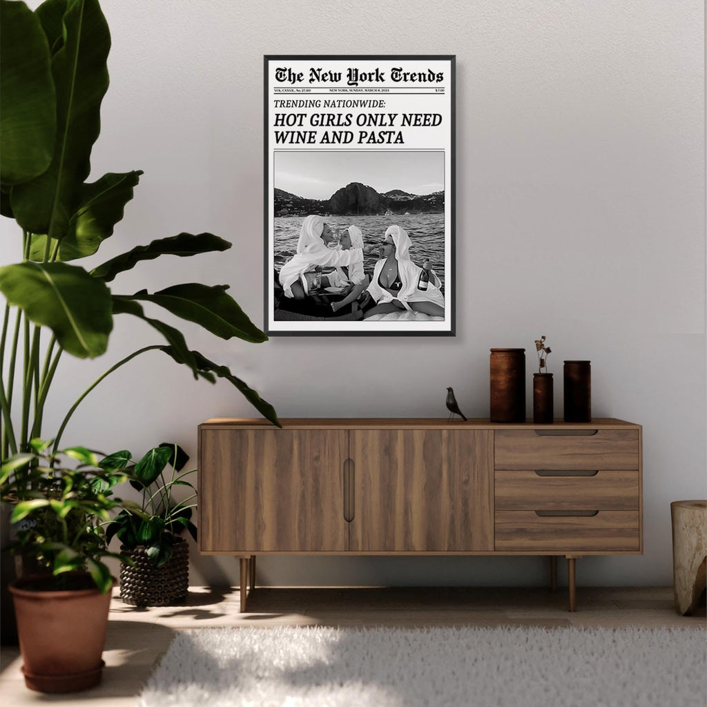 Vintage Trendy Black And White Newspaper Print Poster Retro Times Canvas Wall Art Funky Hot Girls Eating Pasta Prints