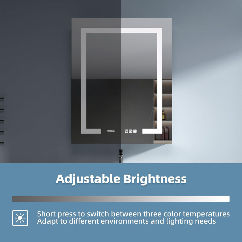 Medicine Cabinet with Lights 24x30 Anti-Fog Mirror Dimmable | 3 Color Dimmable LED. Time Temp Display. Anti-Fog IP44.