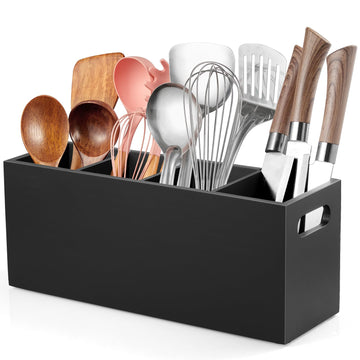 Large Utensil Holder with Removable Divider - 4 Compartment Wooden Utensil Caddy Organizer Counter - Black Cooking