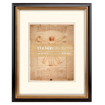 11x14 Wood Black and Antique Brass 2 Tone Vintage Retro Picture Frame, With Mat 8x10 inches, Real Wood Classic
