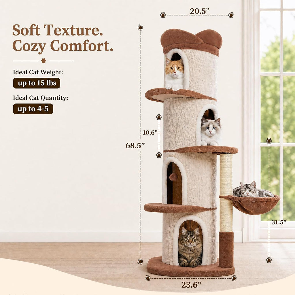 68.5" Modern Cat Tree Tower with 4 Condos & Soft Top Bed, Beige