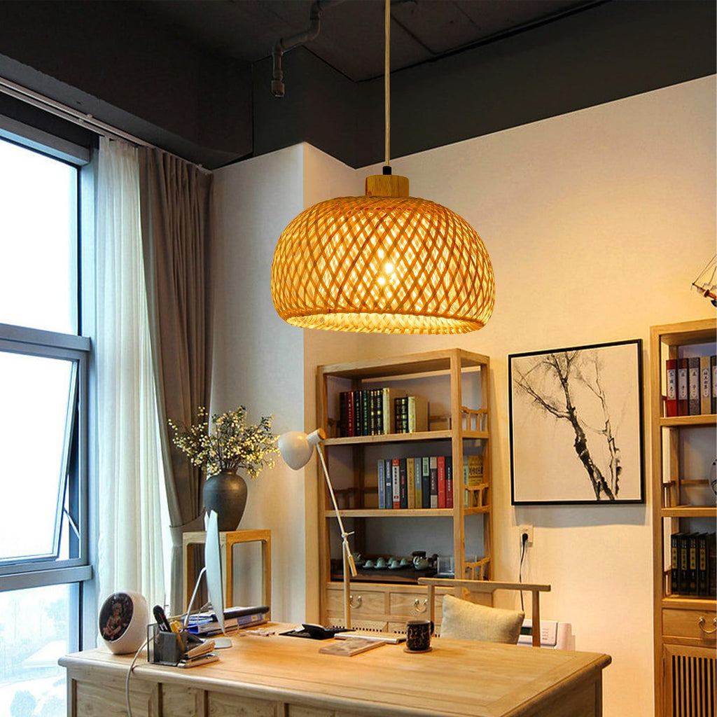 11.8inch Beige Bamboo Pendant Light, Wicker Rattan Boho Chandelier