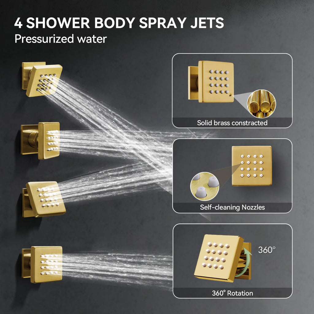 Brushed Gold Shower System with Body Jets, 4 Way Shower Faucet Set with 2 in1 Handheld,Ceiling Mount 12 Inch Shower