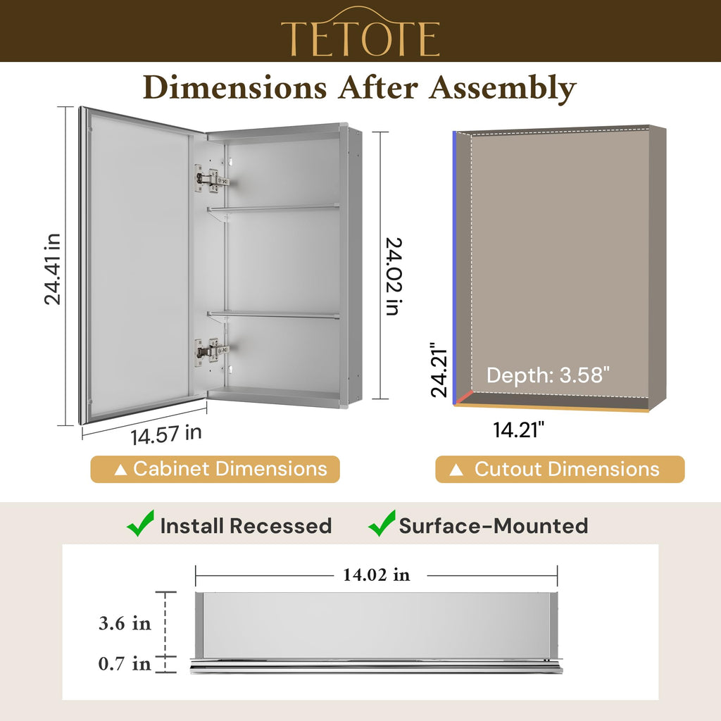 14 x 24 Medicine Cabinet with Tempered Beveled Mirror Silver Aluminum Cabinet DTC Hinges, Stepless Adjustable