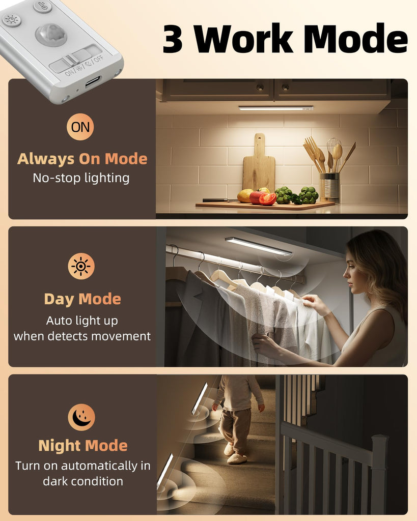 Under Cabinet Lighting, 3500mAh Rechargeable Motion Sensor Light Indoor, 3 Color Temps, 5-Level Dimmable Magnetic