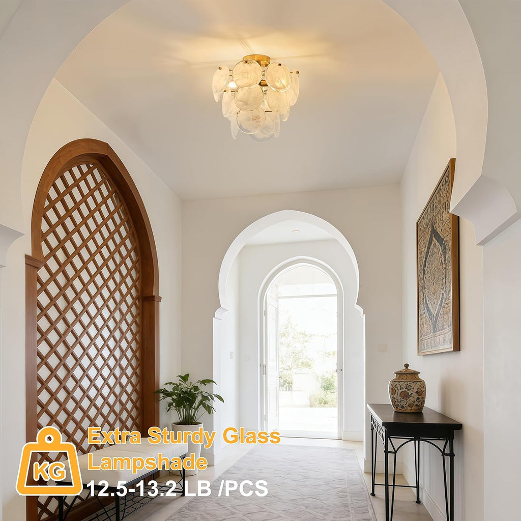 15" Brass Gold Semi Flush Mount Ceiling Light,13 lb Sturdy Vintage Flush Mount Chandelier with Unique Cloud Glass, 4